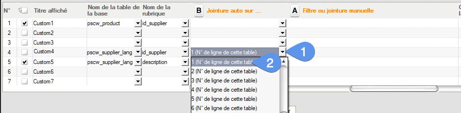 Custom fields, tuto 2 - image 4 - Adding an automatic join to link the reading of rows in the translations table to the supplier ID read from the products table